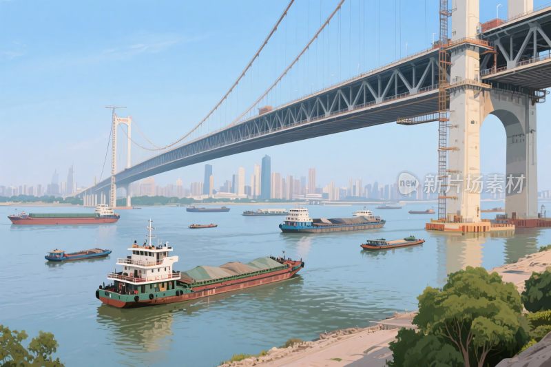 江上大桥与船只风景图