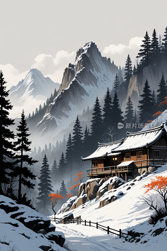 有小屋和树木的雪山场景高清插画图片