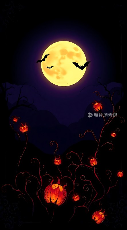 万圣节之夜南瓜灯与蝙蝠