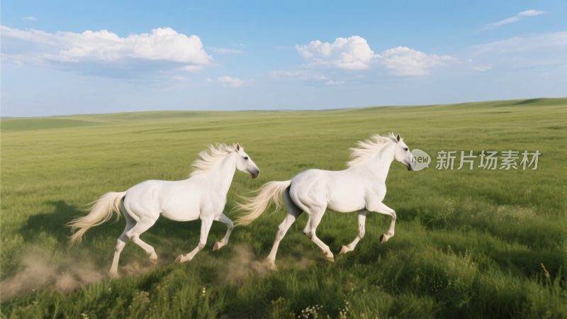 草原上两匹白马奔腾