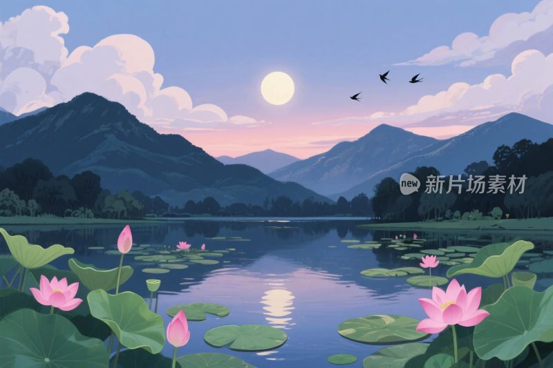 山水荷塘风景插画