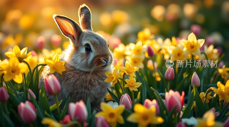 阳光下的兔子与郁金香花海