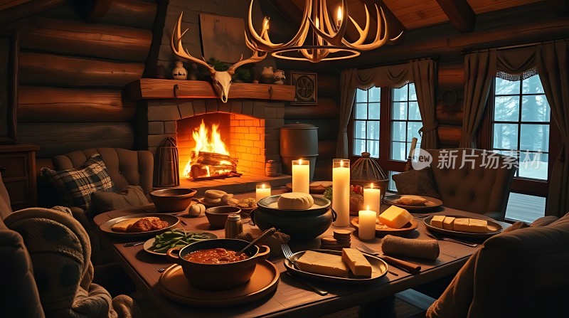温馨壁炉旁的美食盛宴