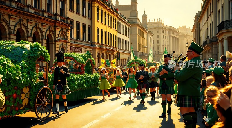 绿色游行队伍传统服饰与自然元素结合