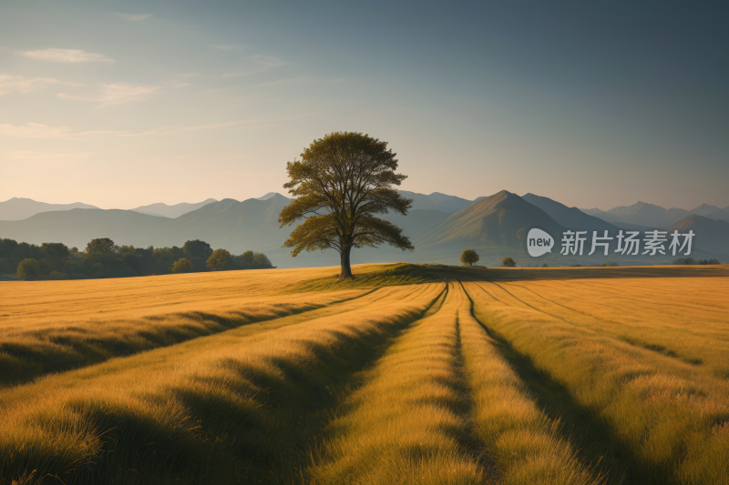 一片草地上一棵孤独的树高山清风景图片