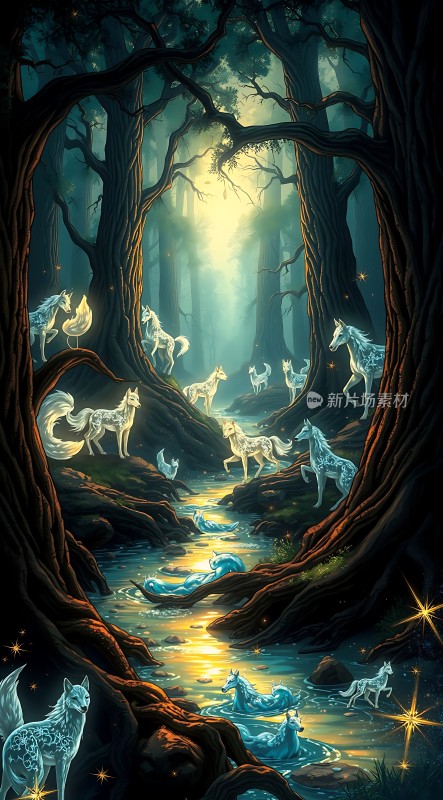 神秘森林中的精灵与狼群