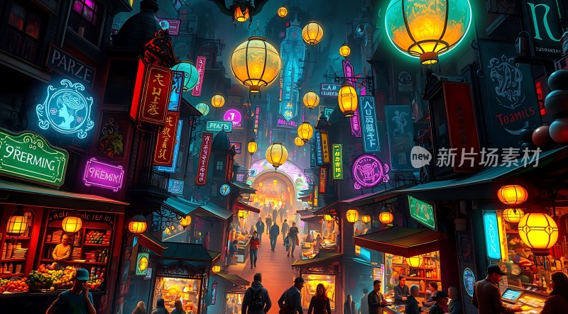 霓虹灯下的繁华夜市