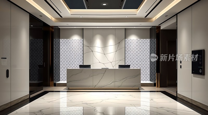 现代简约大堂大理石地面与接待台设计