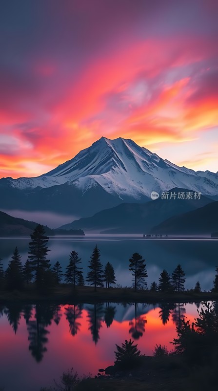 雪山红霞映湖畔静谧美景入眼帘