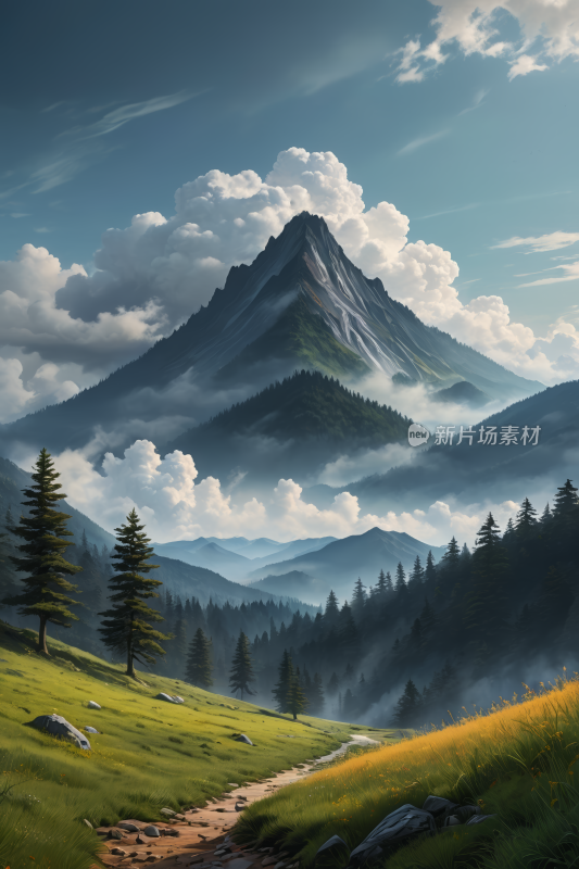 描绘山景一条通往草地的小路高清风景插图片