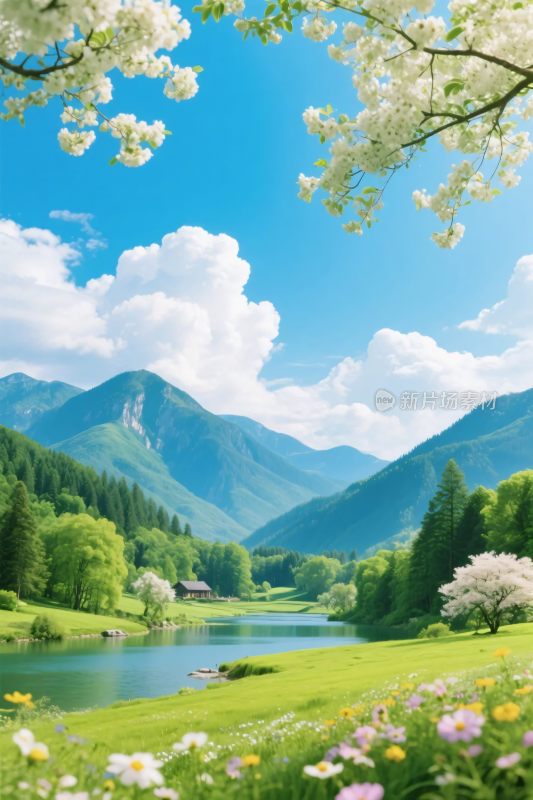 春日山水风景插画