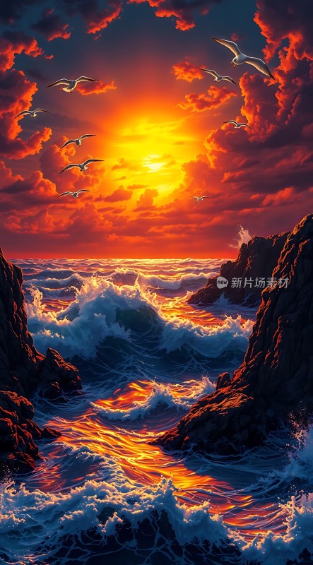 日落时分的海景图海浪翻滚夕阳映照在波光粼粼的海面上天空中飞翔着几只鸟儿