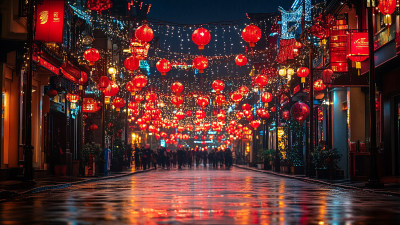 雨夜红灯笼下的老街城市人文