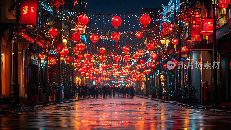 雨夜红灯笼下的老街城市人文