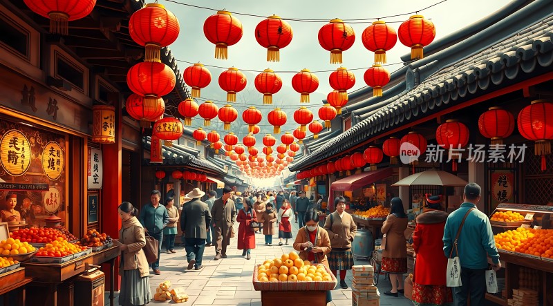 春节庙会热闹非凡灯笼高挂映衬着熙熙攘攘的人群和琳琅满目的商品