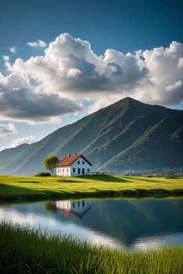 山前有房子和湖的草地高清图片