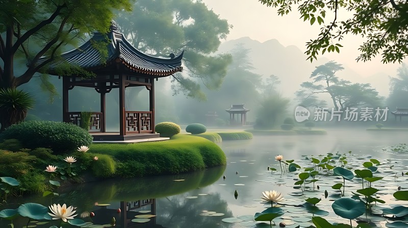 湖畔凉亭映荷花