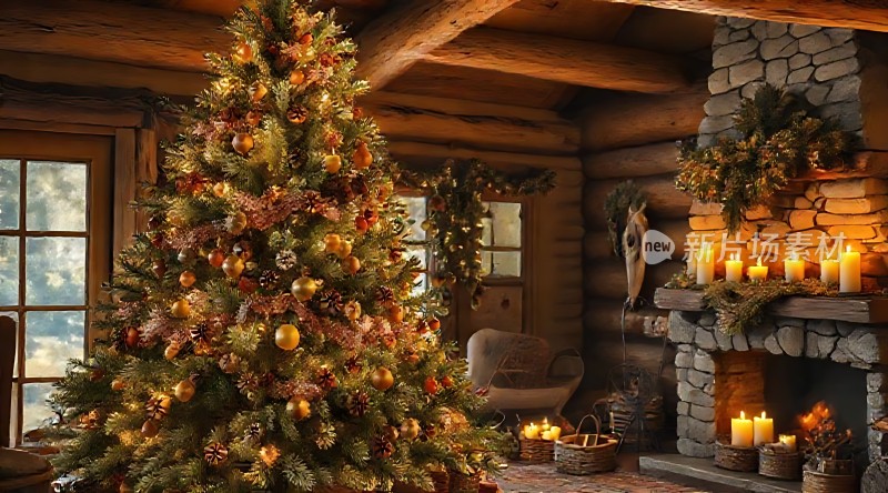 温馨圣诞树下的舒适小屋