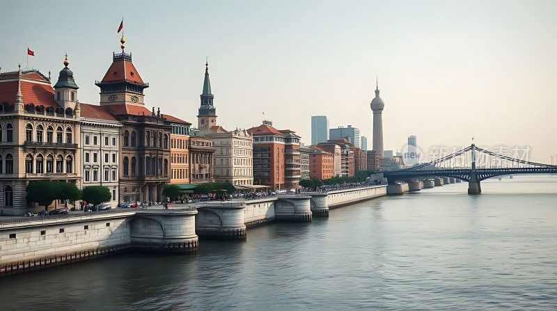 黄浦江畔外滩建筑群与东方明珠塔相映成趣