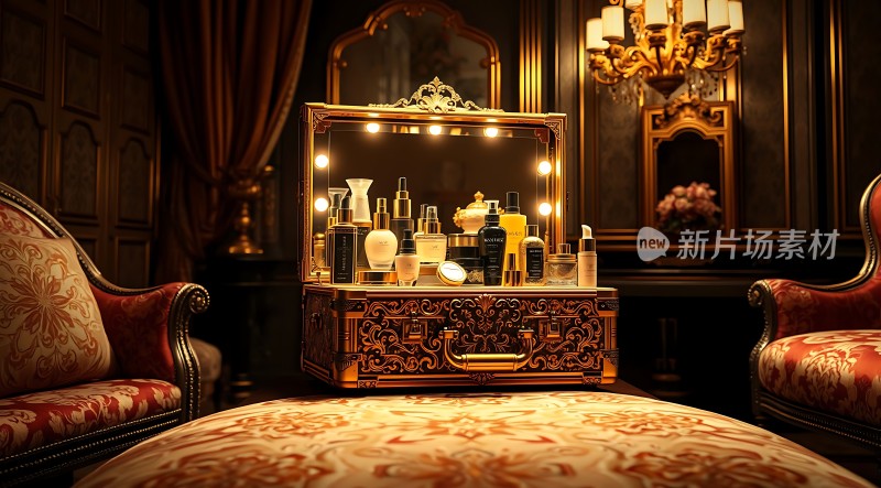 金色化妆台上的精致化妆品展示
