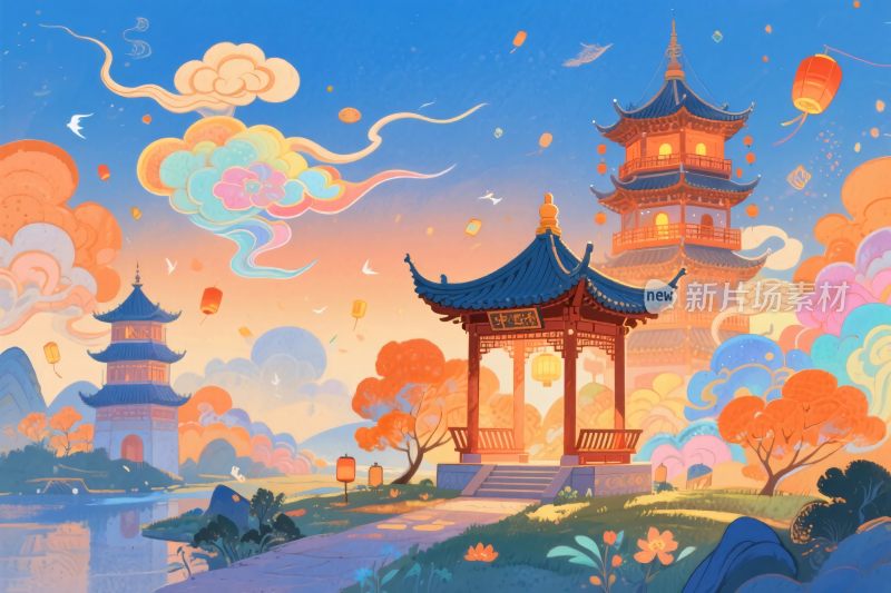 古风亭台山水插画