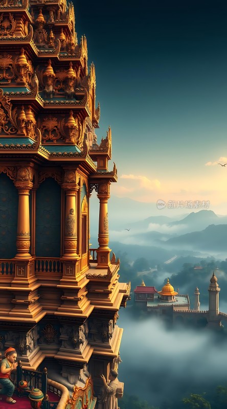 金色宫殿云端立云雾缭绕显神秘