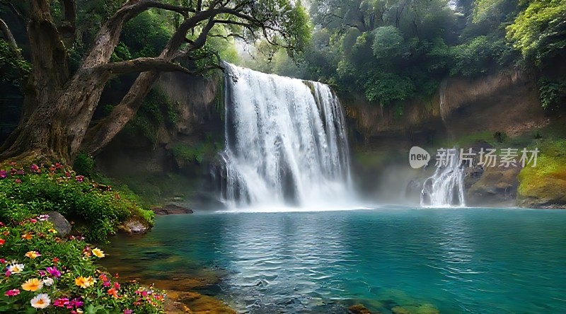 瀑布飞流直下碧波荡漾繁花似锦绿树成荫