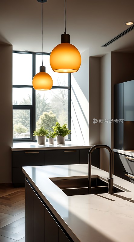现代厨房设计简约风格自然光线充足吊灯温暖明亮