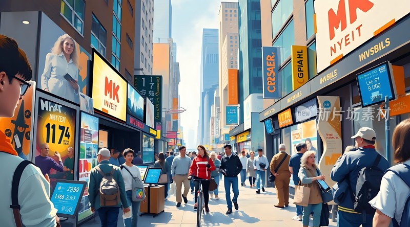 繁华都市街头摩登人群熙攘商业广告琳琅满目