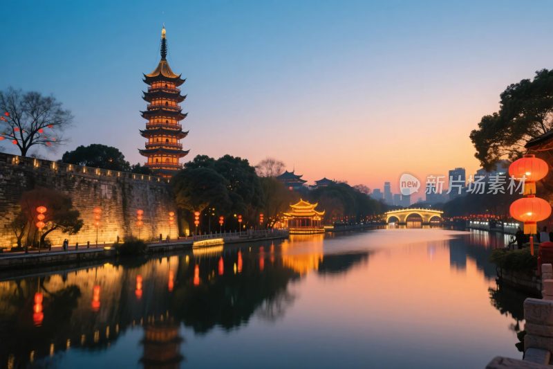 古塔河岸风景图