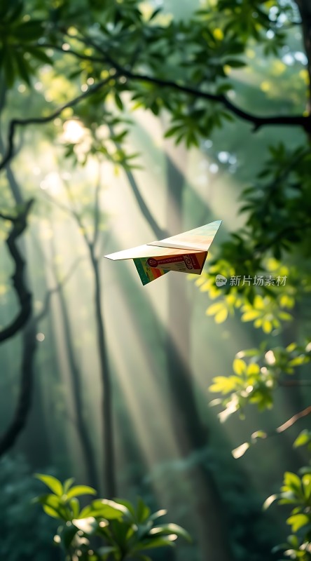阳光下的纸飞机在森林中飞翔