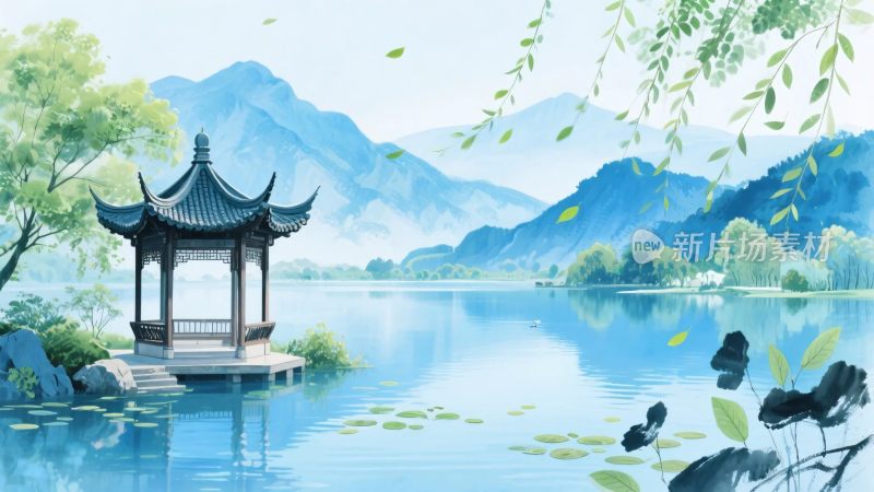 山水凉亭湖景插画