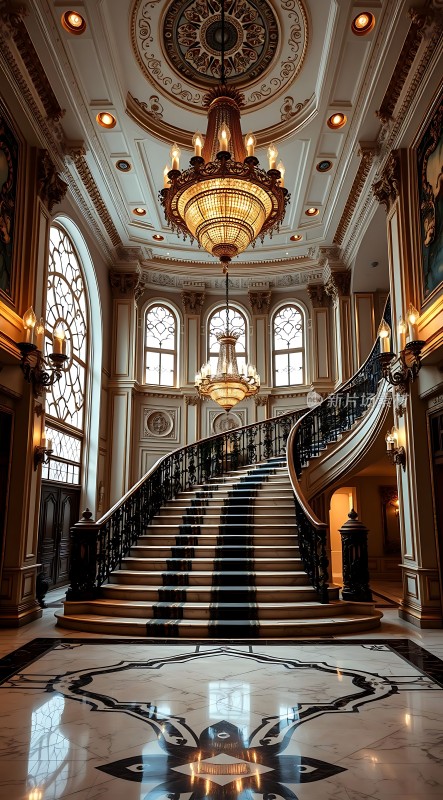金色吊灯照耀下的华丽楼梯