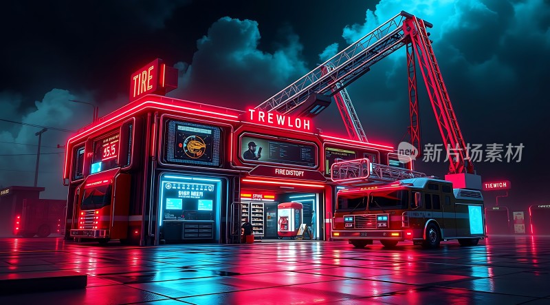 未来城市中的霓虹灯汽车修理厂