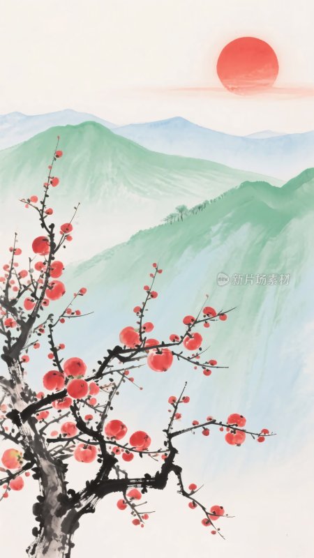 红梅映日山水国画