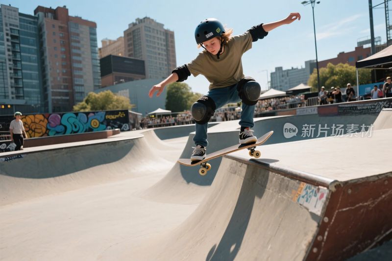 少年在滑板场玩滑板
