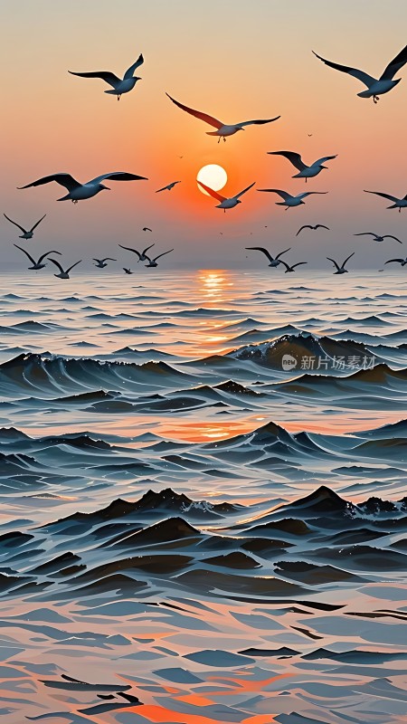 海鸥翱翔日落时分的海洋