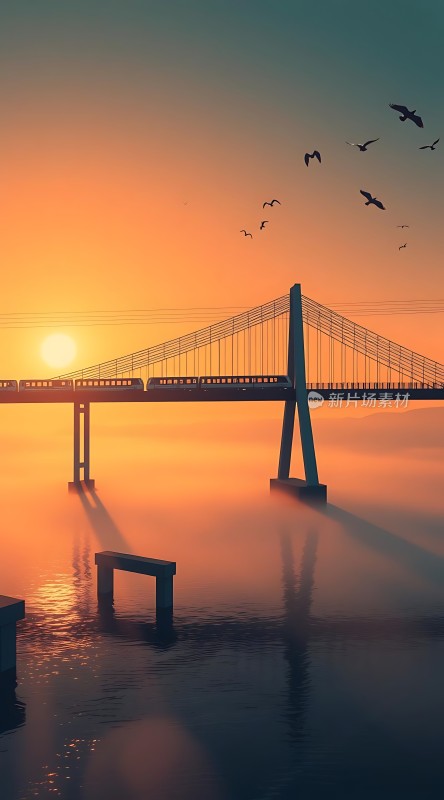 日落下的跨海大桥与飞翔的海鸟