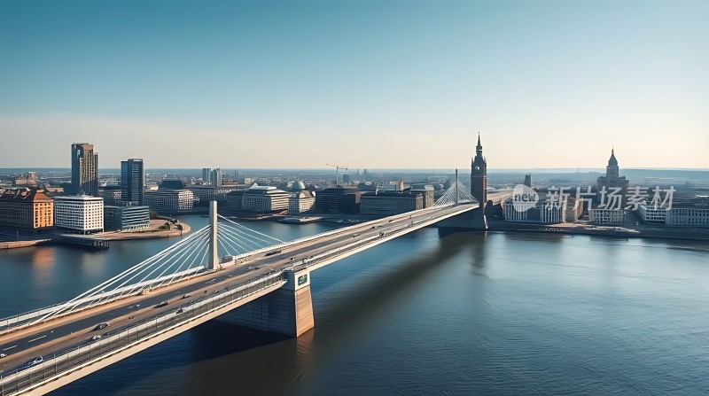 现代都市风光跨江大桥与城市天际线