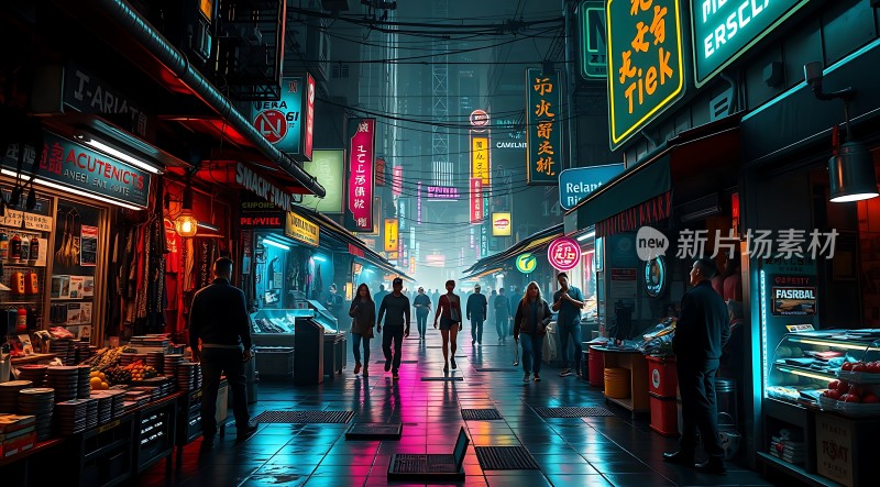 霓虹灯下的繁华夜市