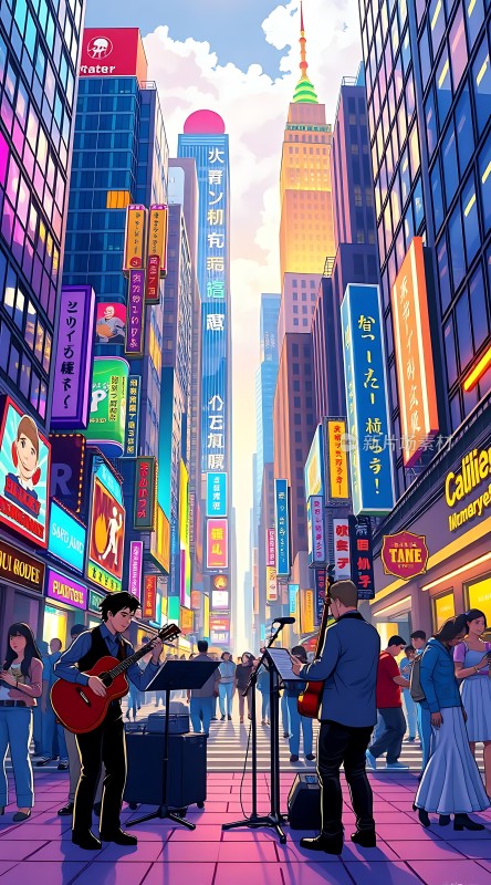 霓虹闪烁下的街头音乐表演
