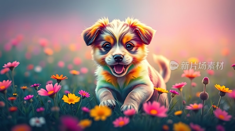 彩虹小狗在花丛中奔跑