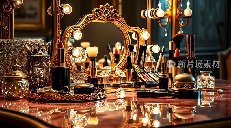 金色梳妆台上的华丽化妆品