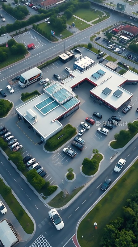 现代建筑与停车场鸟瞰图