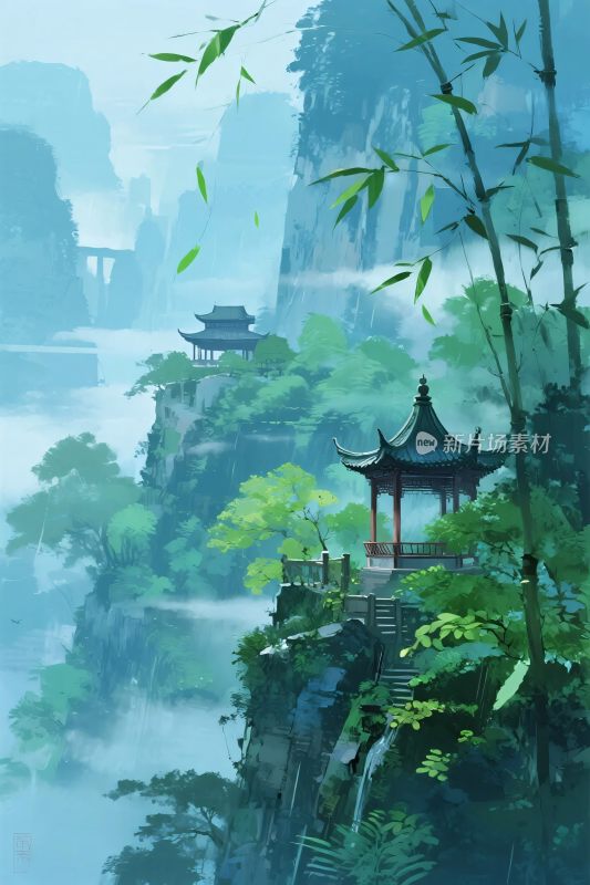 山水古亭竹林景观