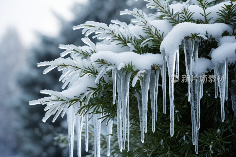 被雪和冰柱覆盖的松树枝上长满风光风景图片