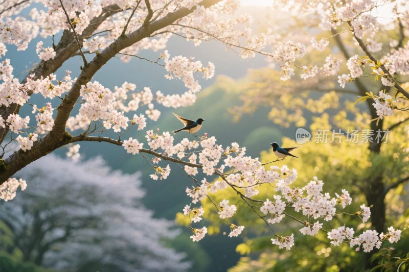 樱花小鸟春景图