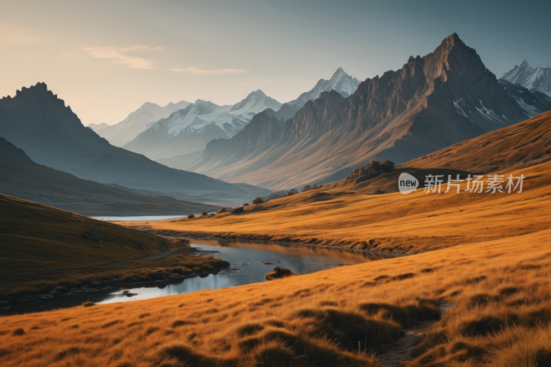 山脉一条小溪流过高清风景图片