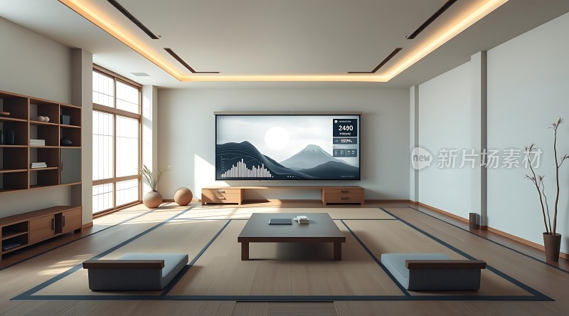 现代简约客厅宁静舒适自然光线充足电视墙设计独特木质家具与榻榻米相得益彰
