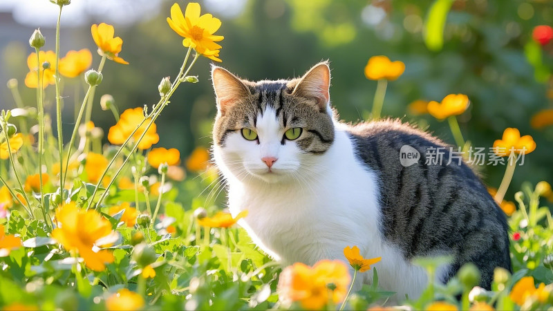 春暖花开阳光洒在花丛里的猫咪身上